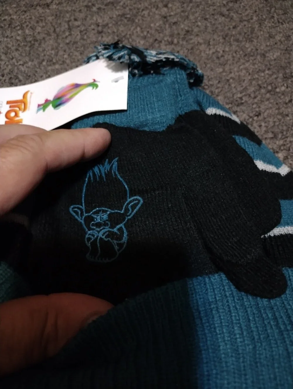 Trolls Teal and Black Knit Beanie with Attached Mittens
